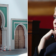 Moskén som attackerades/Marine Le Pen.