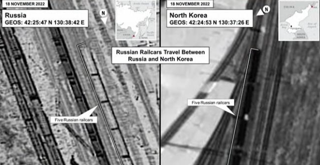 Bilder som distribuerats av USA visar ryska transporter av vapen från Nordkorea i november. Amerikanska myndigheter.
