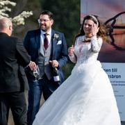 Sverigedemokraternas partiledare Jimmie Åkesson och Matilda Kärnerup i Slottslängorna Sölvesborg på lördagen.