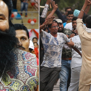 Vänster: Ram Rahim Singh. Till höger: Anhängare till gurun protesterar inför domen.