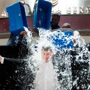  In this Aug. 20, 2014, file photo, Tim Leiweke, President and CEO of Maple Leaf Sports Entertainment, participates in the ALS Ice Bucket Challenge as Nazem Kadri, rear left, of the Toronto Maple Leafs, Amir Johnson, center, of the Toronto Raptors and Jermain Defoe, right, of Toronto FC dump ice water on him in Toronto. Pete Frates, who was stricken with amyotrophic lateral sclerosis, or ALS, and inspired the Ice Bucket Challege, died Monday, Dec. 9, 2019. He was 34. 