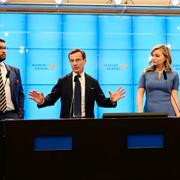 Statsminister Ulf Kristersson (M), SD:s Jimmie Åkesson, KD:s Ebba Busch och L:s Johan Pehrson. 