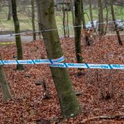 Avspärrningar och polispersonal på plats på lördagen vid ett skogsområde utanför Svedala.