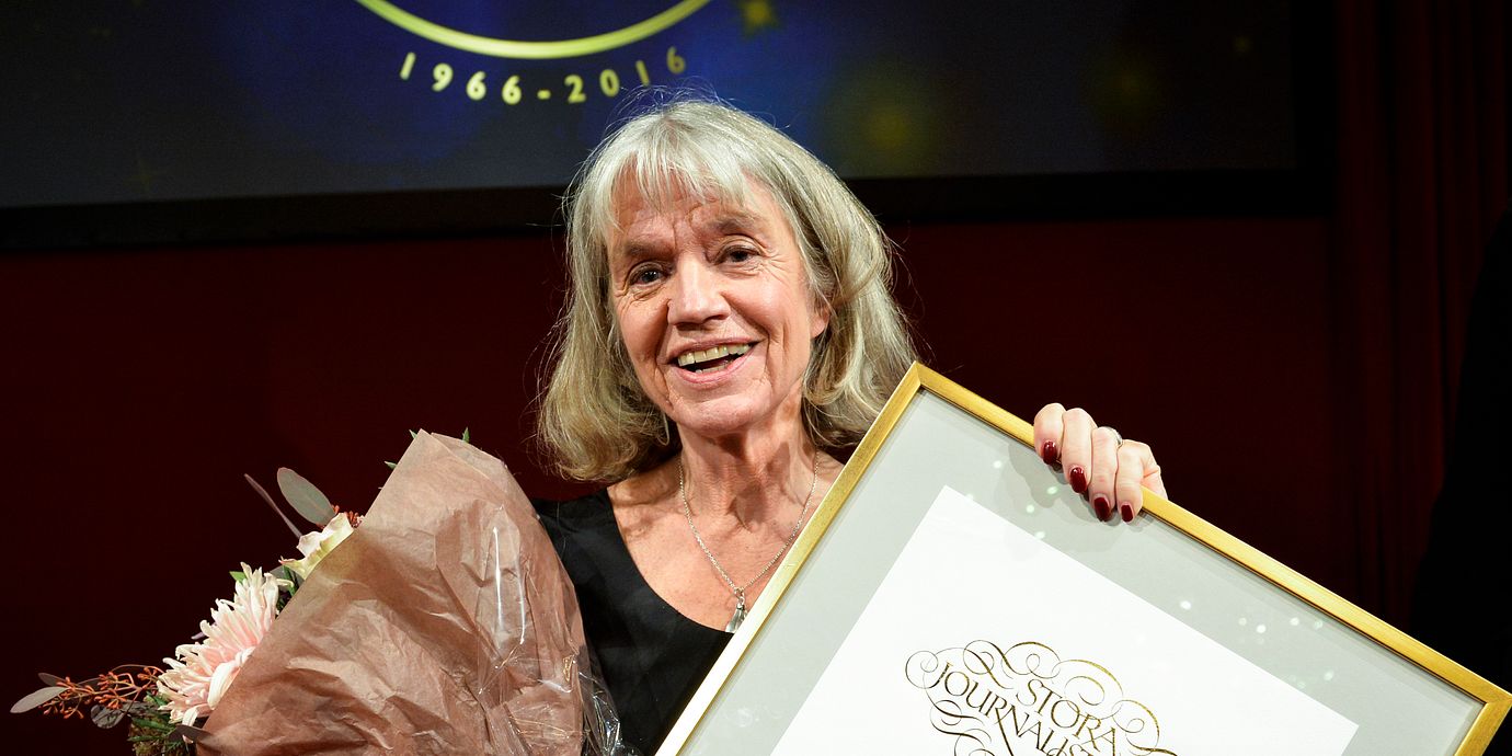 Karin Thunberg i samband med att hon tog emot Lukas Bonniers Stora Journalistpris 2016.