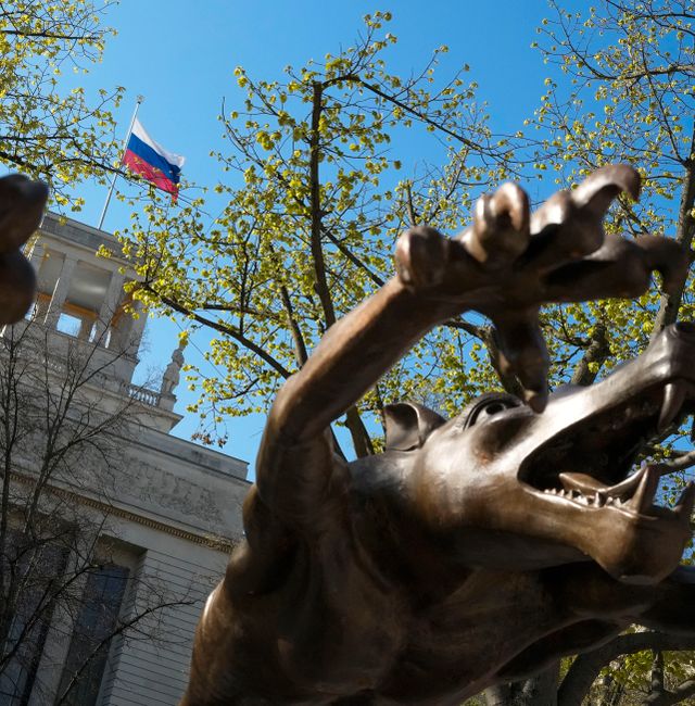 Sculptures of attacking dogs by German artist Rainer Opolka displayed in front of the Russian embassy to protest against the Russian war on Ukraine, in Berlin, Germany, Markus Schreiber / AP