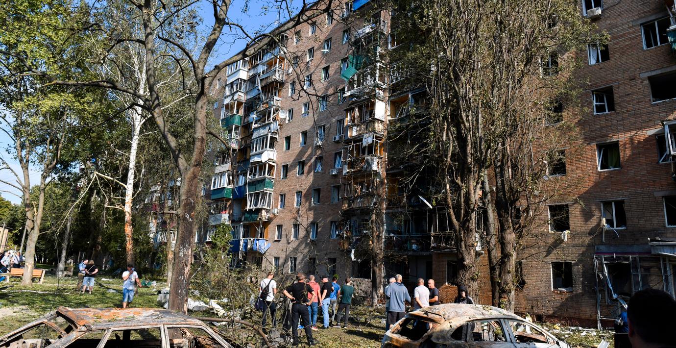 En skadad byggnad på den ukrainska sidan av Kursk, arkivbild.