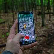 En person spelar Pokémon Go i en skog.