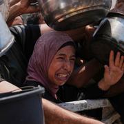 Människor i Gaza samlas för att försöka få mat i Gaza stad 26 juli.