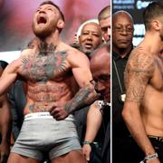 Bilder från invägningen. Från vänster: Floyd Mayweather och Conor McGregor, Nathan Cleverly och Badou Jack. 