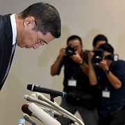 Nissans vd Hiroto Saikawa vid gårdagens presskonferens.