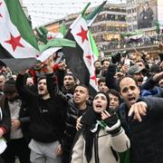 Syrier firar Assadregimens fall vid en manifestation på Sergels torg i Stockholm