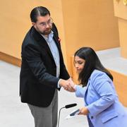 Sverigedemokraternas partiledare Jimmie Åkesson (SD) skakar hand med Vänsterpartiets partiledare Nooshi Dadgostar (V) vid partiledardebatten i riksdagens kammare. 11 september 2024.