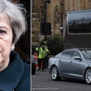 Theresa May och bilen som hon kördes iväg i.