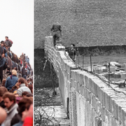 Bild från när Berlinmuren föll 1989 och bild på när östtyska poliser bygger Berlinmuren högre år 1961.