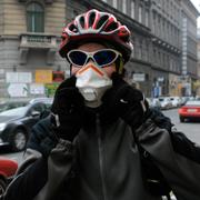 Arkivbild. Ett cykelbud i Budapest som använder munskydd.