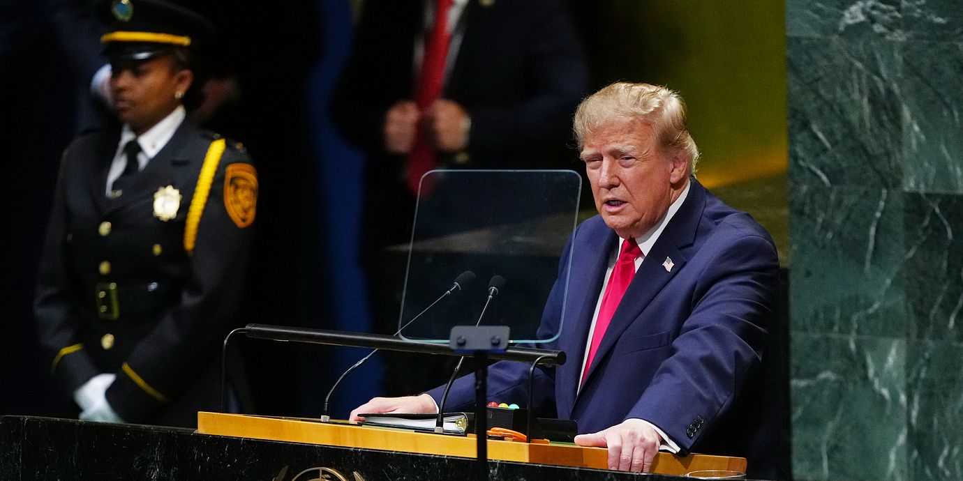 President Donald Trump speaks to the United Nations General Assembly, Tuesday, Sept. 22, 2026, at the UN headquarters. (AP Photo/Julia Demaree Nikhinson)  NYJN220