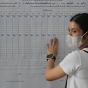 En thailändsk valarbetare räknar röster kort efter att vallokalerna stängt.