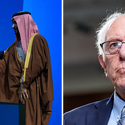 Till vänster: USA:s president Donald Trump och Saudiarabiens kronprins Mohammed bin Salman under ett möte i Washington i november 2025. Till höger: Den demokratiske senatorn Bernie Sanders fotograferad i Washington i september 2025.