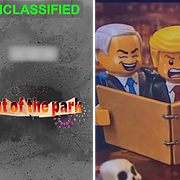 Till vänster och höger, iranska klipp om USA/I mitten, Vita husets Nintendo-klipp.