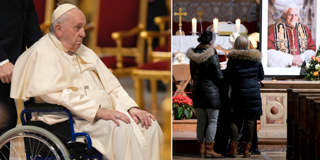 Påve Franciscus till vänster, och minnesporträtt av den avlidne påve emeritus Benedictus XVI. TT