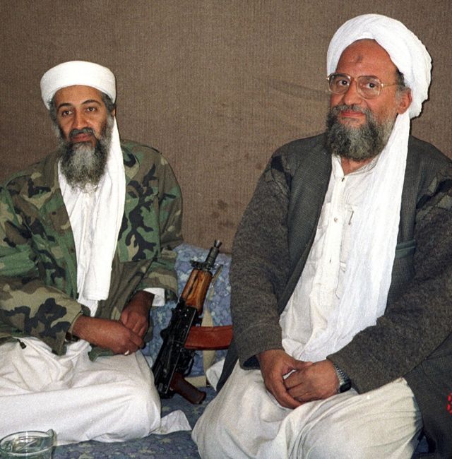 Osama bin Laden and Ayman al-Zawahiri during an interview with Pakistani journalist Hamid Mir, in November 2001. Hamid Mir/Wikimedia Commons