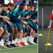 Tottenhamspelare under uppvärmning på Wanda Metropolitano-stadion i Madrid/Keeley Cerretti