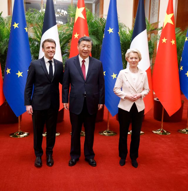 China's President Xi Jinping, center, his French counterpart Emmanuel Macron, left, and European Commission President Ursula von der Leyen meet in Beijing Thursday, April 6, 2023.  Ludovic Marin / AP