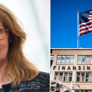 Birgitte Bonnesen, amerikansk flagga och Finansinspektionen. 