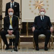 Sveriges ambassadör i Turkiet bredvid president Recep Tayyip Erdogan.