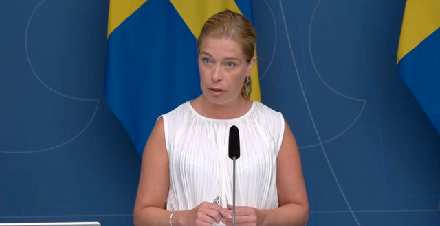 Annika Strandhäll på onsdagens pressträff. Regeringskansliet