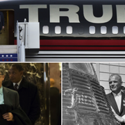 Arkivbilder på Trump och JFK samt bild på Gates i Trump Towers lobby.