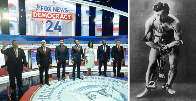 Bild från veckans debatt som Trump inte deltog i/Harry Houdini cirka 1899. TT