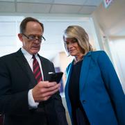 Sen. Pat Toomey, R-Pa., and Sen. Cynthia Lummis, R-Wyo., discuss details of a bipartisan agreement to fix the digital asset reporting requirements in the infrastructure bill, at the Capitol in Washington, Monday, Aug. 9, 2021.