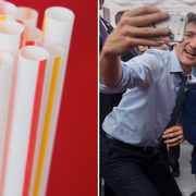 Justin Trudeau tar en selfie med skolelever, arkivbild.