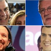 Till vänster: PSOE:s partiledare Pedro Sanchez (uppe) och Podemos Pablo Iglesias. Till höger: Premiärminister Mariano Rajoy (PP, uppe) och Ciudadanos Albert Rivera.