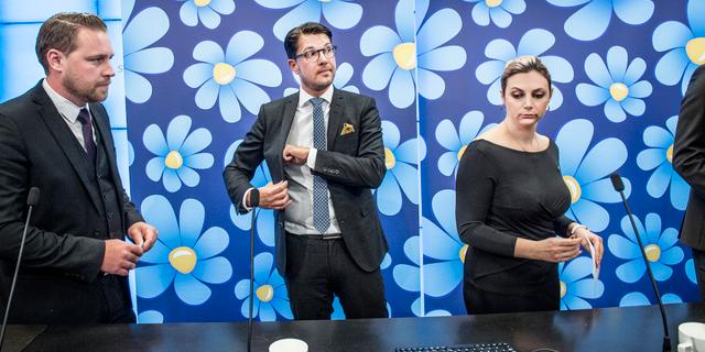 Sverigedemokraternas gruppledare Mattias Karlsson, partiledare Jimmie Åkesson och Paula Bieler. Arkivbild. Tomas Oneborg/SvD/TT / TT NYHETSBYRÅN