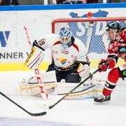 Djurgårdens målvakt, Mantas Armalis räddar när Malmö Redhawks Stefan Warg går på mål