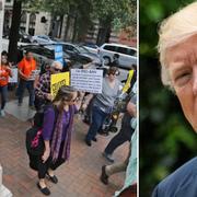 Demonstranter utanför domstolen i Richmond, Virginia. Donald Trump.