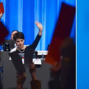 AFD-ledaren Frauke Petry röstar vid partiets första kongress. Angela Merkel.