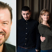 Vänster: Ricky Gervais. Höger: Alexej Manvelov, Marie Richardson och Adam Pålsson som spelar huvudrollerna i ”Innan vi dör”. 