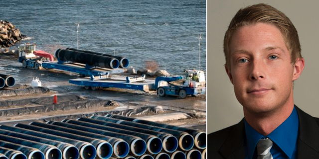 SD röstade bland annat emot förslaget att se över riktlinjerna för transeuropeisk energiinfrastruktur. Arkivfoto: Gasledningsrör på Verkö utanför Karlskrona. Till höger Johan Nissinen.  