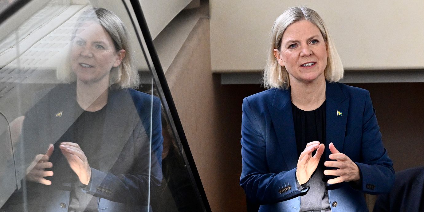 Socialdemokraternas partiledare Magdalena Andersson  i samband med dagens pressträff.
