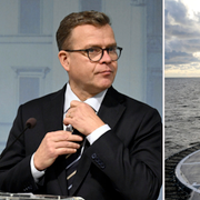 Finlands statsminister Petteri Orpo och bild från finska gränsbevakningens patrullering nära platsen där det misstänkta sabotaget inträffade. 