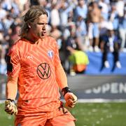 Malmös målvakt Johan Dahlin jublar under onsdagens final i Svenska cupen mellan Malmö FF och Djurgårdens IF på Eleda stadion i Malmö. 