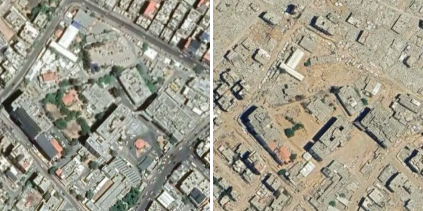 Bilder som visar området runt Al Shifa-sjukhuset i Gaza 2023 jämfört med 2026.