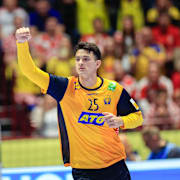 Nikola Roganovic jublar under gruppspelsmatchen i handbolls-EM grupp E mellan Sverige och Kroatien i Malmö Arena.