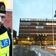 Polisen Andreas Brånstad till vänster. Flaggan vajar på halv stång utanför Enskede gårds gymnasium. 