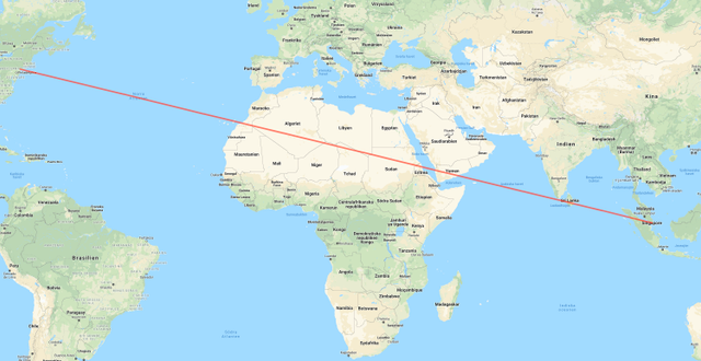 Sträckan mellan Singapore och New York är 15 400 kilometer. Google Maps