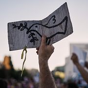 People demonstrate against Israeli settler violence in the occupied West Bank at Habima Square in Tel Aviv, Israel, July 28, 2026.