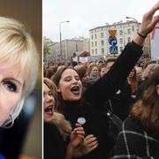 Sveriges utrikesminister Margot Wallström (S), kvinnor strejkade mot abortförslag under måndagen.